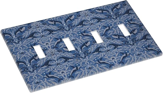 Blue Modern Nautical Art Whale Fish Ocean Damascus Light Switch Covers Quad Toggle Electrical Faceplate 4 Gang Wall Plate Decorative Switch Plates Cover for Bedroom Living Room Decor