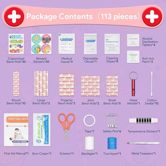 Mini First Aid Kit, 113 Pc. Water-Resistant Hard Toddler Kids Small Cute Case for Car, Home - TSA-Approved Travel Size