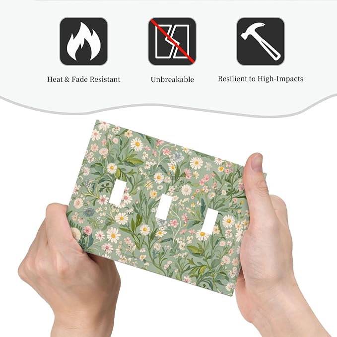 Decorative Switch Plate Cover with Vintage Wildflowers & Daisies on Light Green Background Design 3 Gang Artistic Wall Plate Unique Triple Toggle Light Switch Covers