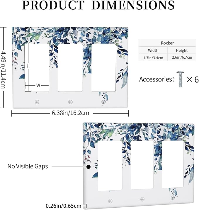 Blue Eucalyptus Watercolor Leaves 3 Gang Rocker Light Switch Plate Green Plant Triple Decora Outlet Wall Plate Cover Faceplate Decorative Switchcovers GFCI for Bathroom Living Room Bedroom Decor