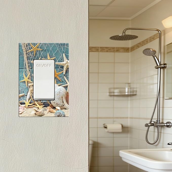 Rustic Coastal Seashell Single Rocker Switch Cover - 1-Gang Standard US Size Fisherman's Catch Beach Scene Light Switch Covers for Bathroom Decor