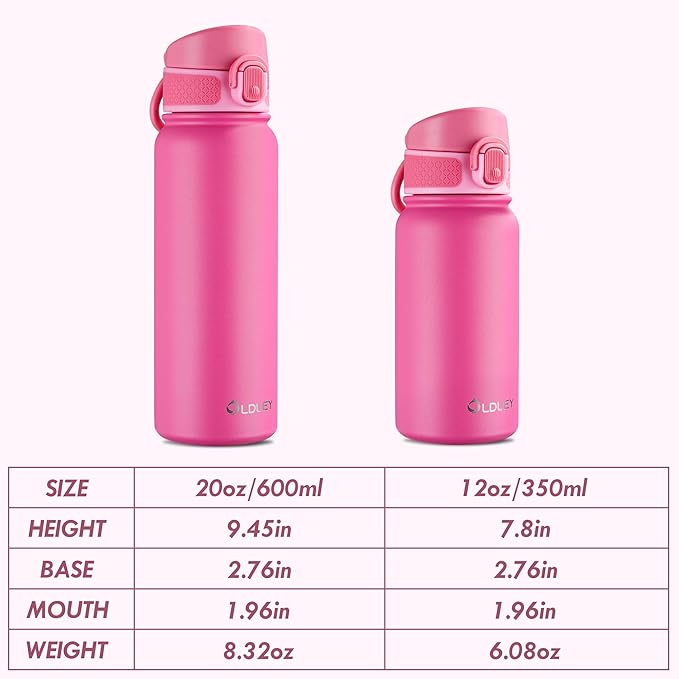 OLDLEY 20 Oz Insulated Stainless Steel Water Bottle For Kids, With Straws Leak-proof, Kids Water Bottles For School Boys Girls,Pink