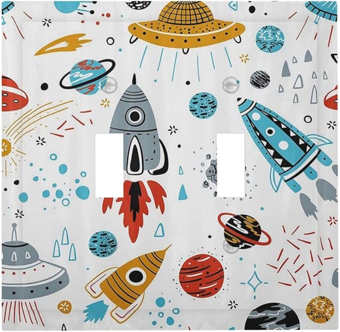 Cartoon Space Rocket Boys Universe Planet Double Toggle Light Switch Covers Decorative Unique 2 Gang Wall Plate Dual Electrical Faceplate Switchplate for Nursery Kidroom Living Room Decor