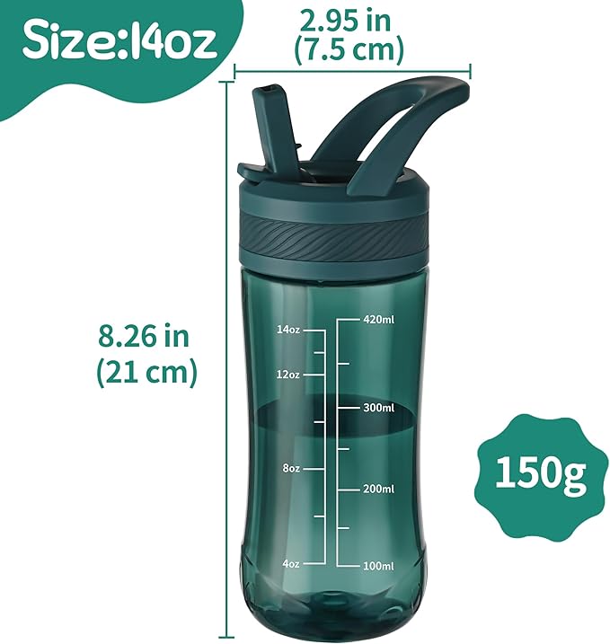 Kids Water Bottle, Dustproof Leakproof Cover, BPA Free Tritan Water Bottle Kids With Volume Markings Drinking 14oz Clear Water Bottle Unique Cat Paw Print Bottom Toddlers, School , Outdoor（Dark Green）