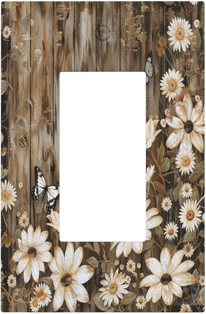 Light Switch Cover Plate Rustic Wood Butterflies Flowers Botanical 1 Gang Outlet Covers Single Rocker Decorative Switch plates Electrical Wall Plates GFCI Receptacle for Farmhouse Cabin Decor