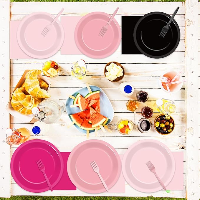 96Pcs Hot Pink and Black Party Supplies Black and Pink Paper Plates and Napkins Birthday Decorations Disposable Tableware Set for Women Girls Bachelorette Birthday Wedding Party Decorations Serves 24