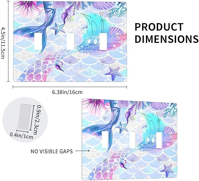 Mermaid Girl Light Switch Cover Plates Decorative 3 Gang Triple Toggle Wall Plate Electrical Switchpalte Faceplate for Kid Bedroom Home Bathroom Decor 6.4" x 4.5"