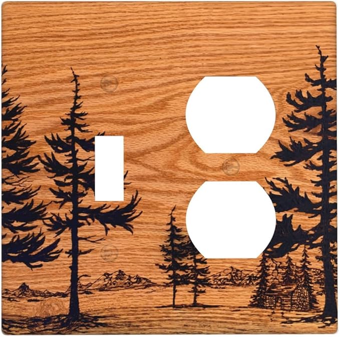 Pine Forest Natural Scenery Silhouette Wood Grain Wallplates 1 Toggle 1 Duplex Switch Plate Electrical GFCI Faceplate Decorative Light Switch Covers for Farmhouse Home Decor