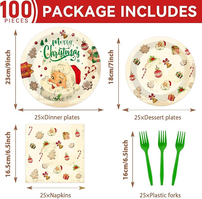 Qyeahkj 100 Pcs Christmas Xmas Party Paper Plates and Napkins, Vintage Holiday Party Supplies Birthday Party Tableware Set Table Decorations Favors with Forks for Girls Boys Kids Serve 25