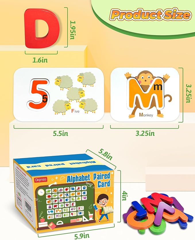 Gojmzo Alphabet Flash Cards, ABC Learning Toys for Kids 3-5, Wooden Letters Number Blocks Sight Words Matching Game, Montessori Educational Toys for 3+ Year Old, Toddler Preschool Learning Activities