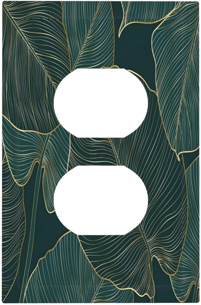 Gold Tropical Green Botanical Palm Leaves Outlet Covers 1 Gang Duplex Light Switch Cover Decorative Switch Plates Electrical Receptacle Faceplate Wall Plate for Bedroom Living Room Decor