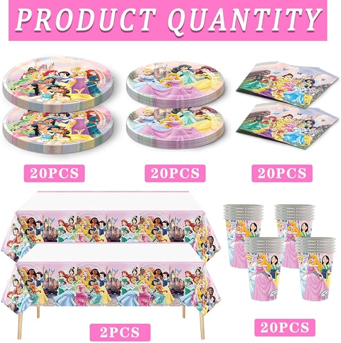 Princess Party Tableware Set, 82 PCS Princess Birthday Supplies Includes 40 Plates, 20 Napkins, 20 Cups, 2 Tablecloth for Birthday Party Decorations