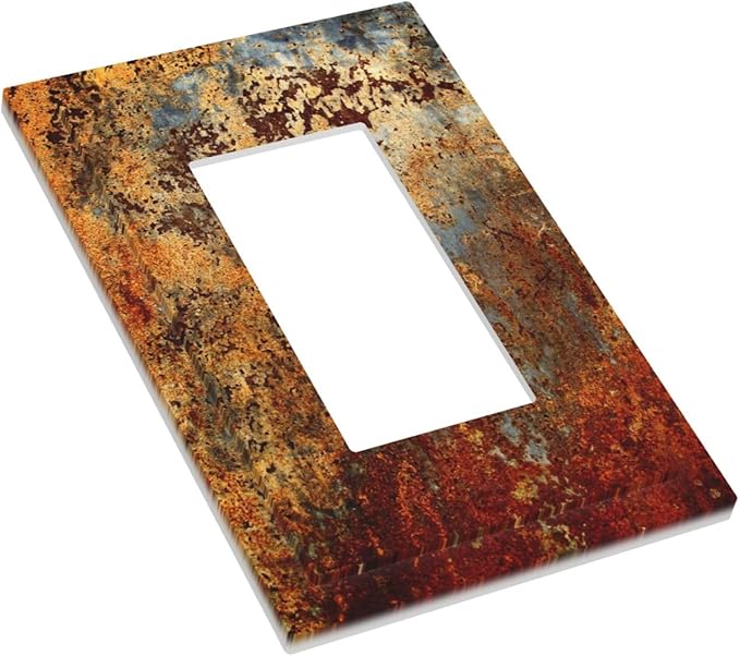 1 Gang Single GFCI/Decorator Rocker Outlet Light Switch Wall Plate Cover Shabby Old Aged Rust Rusty Tumbled Antique Brass Patina Copper Metal Print Decorative One Device Electrical Faceplate Dimmer