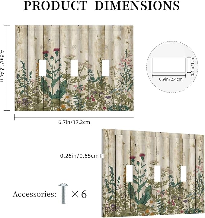 Vintage Wild Flowers Botanical Green Leaves Plants 3 Gang Light Switch Covers Decorative Rustic Wood Plank Triple Toggle Wall Plate Electrical Faceplate Switchplate for Farmhouse Bedroom Decor