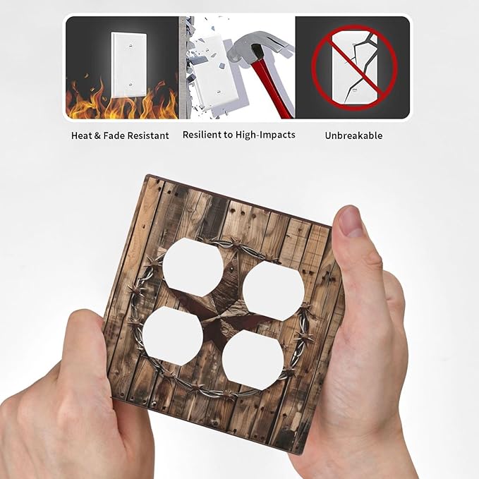 Outlet Covers Rustic Star Western Cowboy Wood 2 Gang Decorative Light Switch Cover Double Duplex Wall Plates Switch Plates Electrical Socket Covers for Farmhouse Home Decor