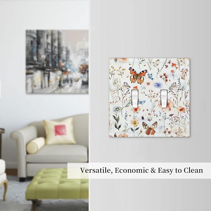 Decorative Switch Plates Butterfly Floral Boho Multicolor Flower Leave 2 Gang Double Toggle Outlet Light Switch Cover Wall Plate Electrical Faceplate for Bed Room living Room Decor