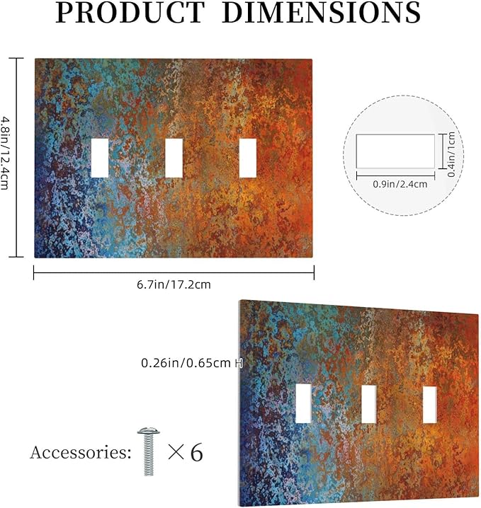 Red/Celestial Blue Rust Colorful Metal Rusty Triple Toggle Light Switch Cover Decorative 3 Gang Wall Plates Electrical Faceplate for Decor Bathroom Kitchen Bedroom