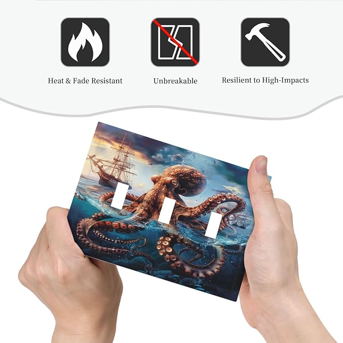 Light Switch Cover Plate Deep Ocean Octopus Sailboat Sea Monster 3 Gang Triple Toggle Decorative Switch Plates Wall Plates Electrical Switchplate Faceplate for Bathroom Bedroom Decor