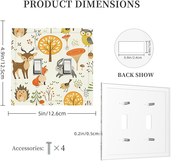 Cute Woodland Animals Double Toggle Switch Cover - 2-Gang Standard US Size Forest Pattern Trees Mushrooms and Berries Light Switch Covers for Boys & Girls Bedroom Decor