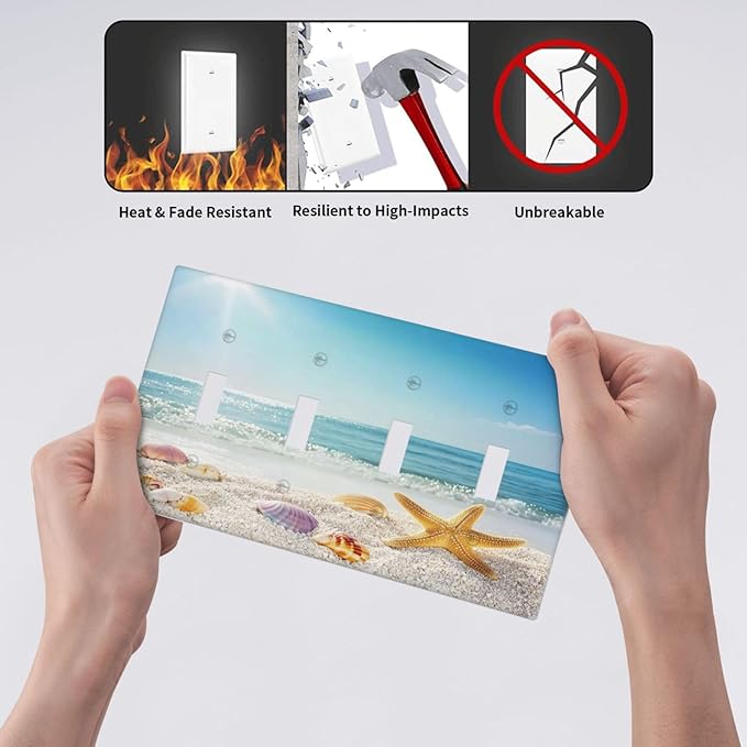 Light Switch Covers Summer Beach Colorful Seashell Starfish Quad Toggle Electrical Faceplate 4 Gang Wall Plate Decorative Switch Plates For Kids Room Nursery Decor