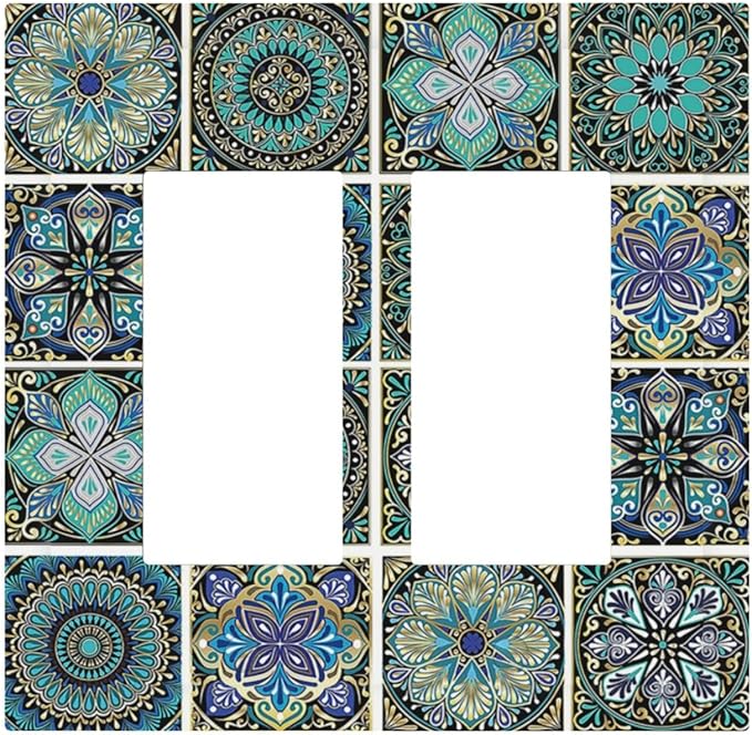 Decorative Outlet Covers Mandala Decorative Rustic Vintage Turquoise Pattern 2 Gang Double GFCI Rocker Electrical Wall Panels Light Switch Cover Plate for Bedroom Bathroom Decor
