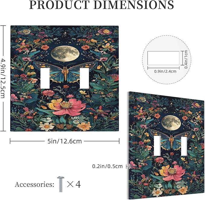 Decorative Switch Plate Covers Bohemian Moon Butterfly Floral 2 Gang Double Toggle Light Switch Cover Plate Electrical Wall Plate Outlet Cover Outlet Light Switch Cover for Bedroom Cabin Decor