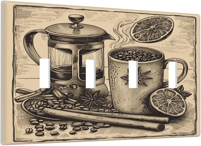 Light Switch Cover Plate Beige Vintage Rustic Coffee Beans Spice 4 Gang Quad Toggle Decorative Switch Plates Electrical Wall Plates Faceplate for Kitchen Coffee Bar Decor