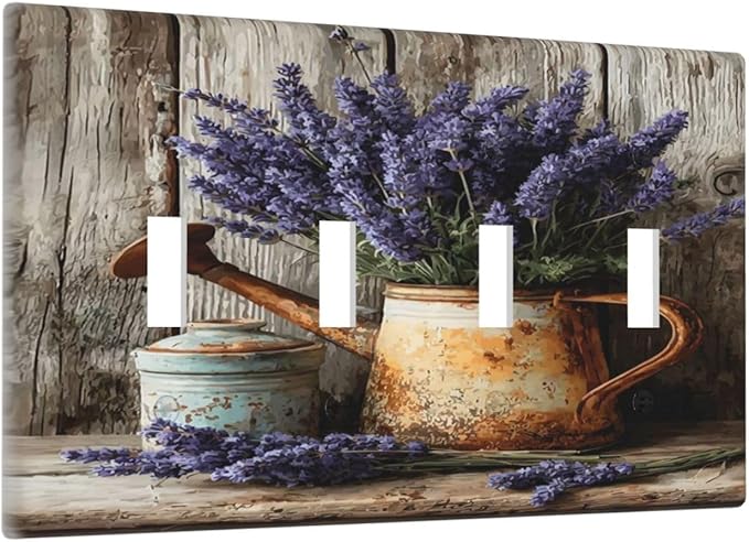 Rustic Flowers Lavender Purple Floral Oil Painting Light Switch Covers Quad Toggle Electrical Faceplate 4 Gang Wall Plate Decorative Switch Plates Cover for Farmhouse Bedroom Decor