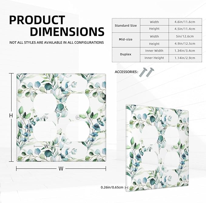 Green Eucalyptus Leaves 2 Gang Double Duplex Combination Light Switch Cover Spring Neutral Olive Sage Leaf Decorative Two Gang Dual Device Receptacle Outlet Covers Switch Wall Plate Standard Size