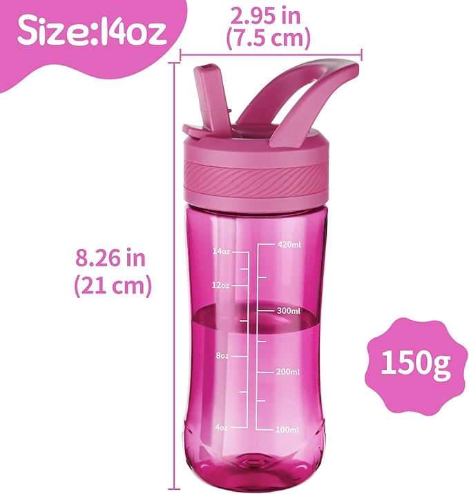 Kids Clear Water Bottle 14oz Flip with Straw Carry Handle, Leakproof, Reusable, Tritan, BPA Free, Suitable for Boys and Girls, Rose