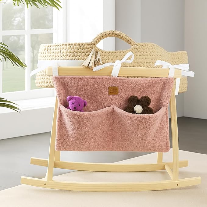 Adm&Eve Bedside Diaper Caddy - Teddy Material With 2 Compartments for Baby Carrier, Crib, Stroller & Changing Table, Hanging Storage Organizer (Dust PINK)