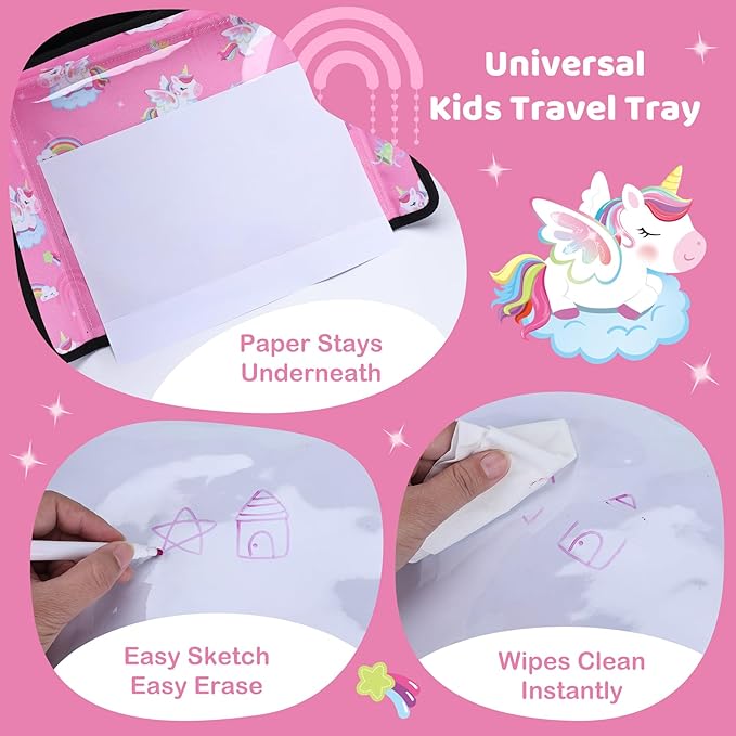 Airplane Kids Travel Tray for Toddler Car Seat - Toddler Tray for Plane or Train - Travel Essential Must-Haves and Flying Supplies - Pink Unicorn
