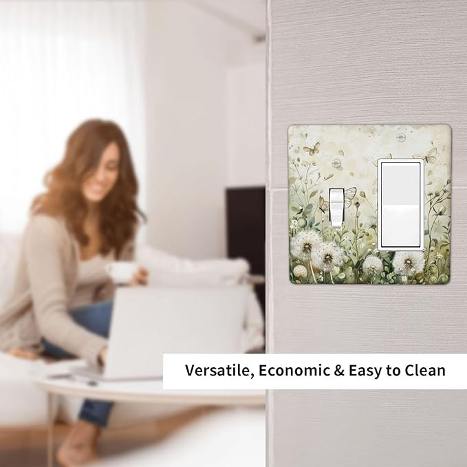 Light Switch Cover Plate Watercolor Butterflies Dandelions Wildflowers 2 Gang Combo Wall Plates Toggle Rocker Decorative Switch Plates and Outlet Covers for Bathroom Bedroom Decor