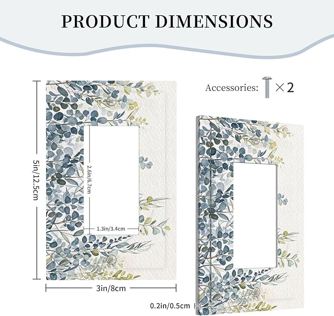 Decorative Light Switch Cover Plate with Green & Blue Watercolor Eucalyptus Botanical Foliage Design 1 Gang Rocker Outlet Covers Single Decora Gfci Device Wall Plate for Living Room