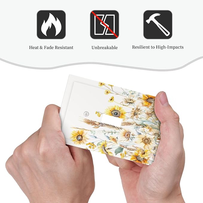 Yellow Floral Sunflowers Wheat Ears Watercolor Wild Flowers Decorative Light Switch Cover 1 Gang Single Toggle Device Electrical Faceplate Switchplates Decorator Outlet Wall Plate for Bedroom Home