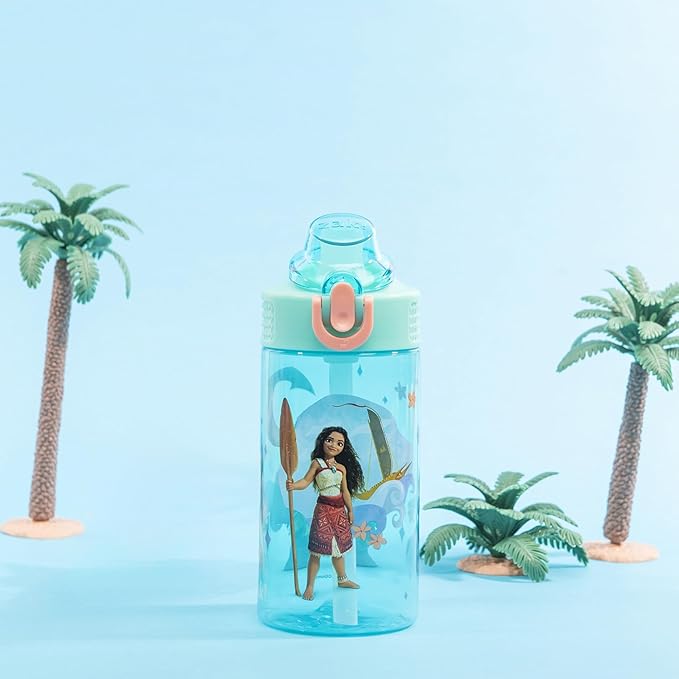 Zak Designs Disney Moana Sage Kids Water Bottle For School or Travel, 16oz Durable Plastic Water Bottle With Straw, Handle, and Leak-Proof, Pop-Up Spout Cover (Moana, Maui)