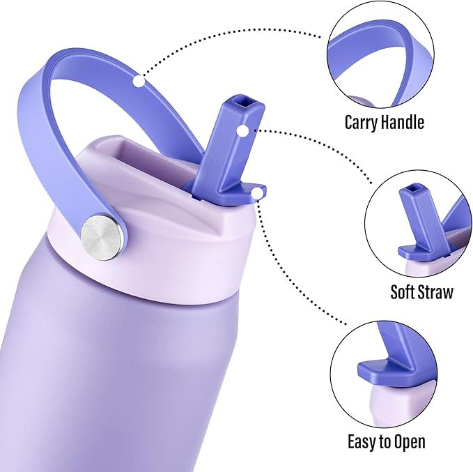 Oldley 18oz Insulated Water Bottle with Straw, Stainless Steel Water Bottle for Sports, Travel, School, BPA-Free Sports Bottles for Adult Kids, Leak-Proof, Purple