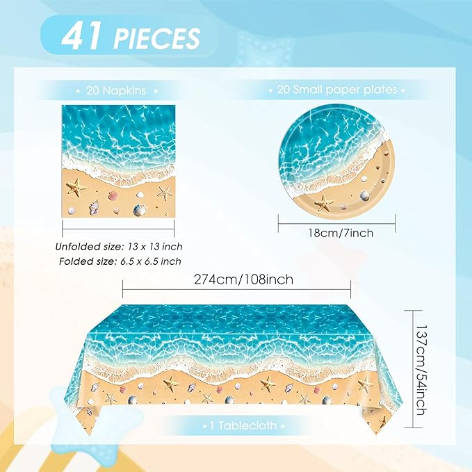 Beach Birthday Party Decorations,41Pcs Disposable Ocean Waves Beach Dessert Plates Napkins Tablecloth Tableware Set Summer Pool Hawaiian Beach Party Supplies for Kids Baby Shower Birthday
