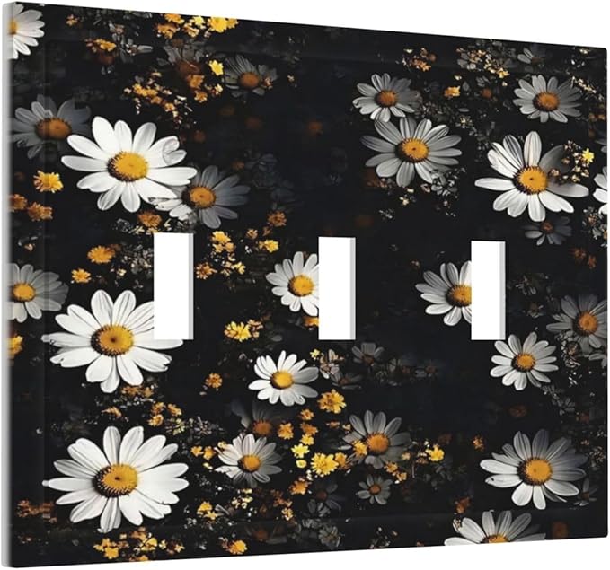 White Black Daisy Wildflower Modern Chrysanthemum Decorative Switch Plates 3 Gang Wall Plate Triple Toggle Light Switch Cover Faceplate Electrical Wall Panels for Bedroom Farmhouse Decor