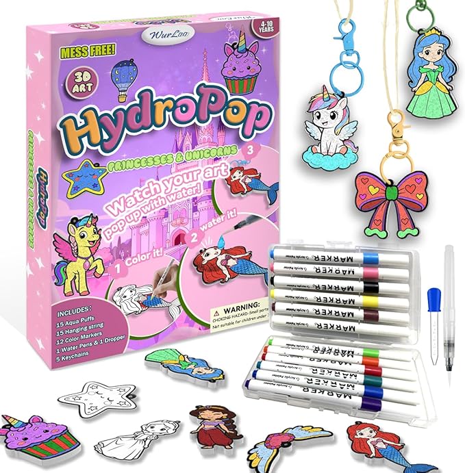 WurLoo Aqua Puffs 3D Art Kit for Kids, Mess-Free Paint by Number Crafts with Princesses & Unicorns, DIY Color & Inflate Activity, Travel Toys & Creative Gifts for Girls Ages 4, 5, 6, 7, 8, 9, 10