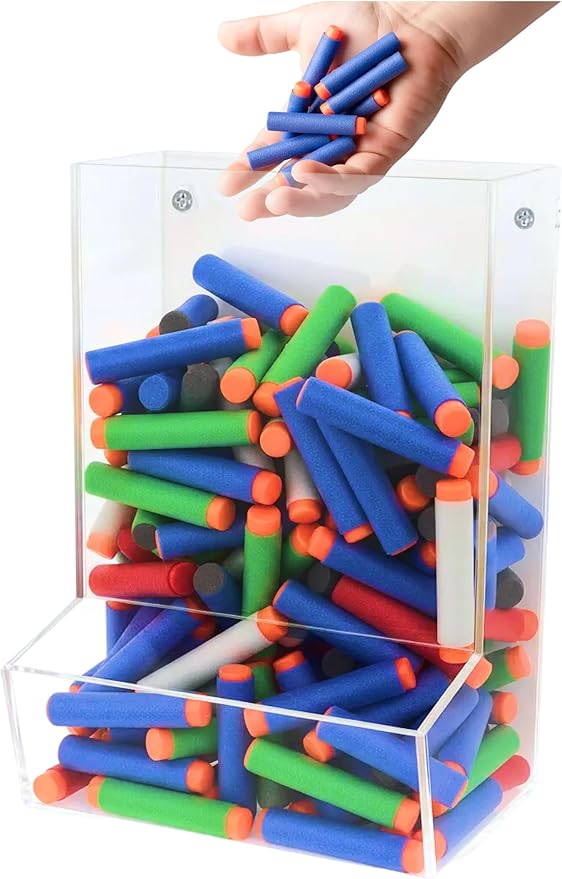 SimplyImagine Single Acrylic Toy Dispenser for Kids - High-Volume Toy Foam Blasters, Car & Building Block Storage Bin - Wall Mount or Countertop Clear Hanging Organizer for Nursery & Playroom