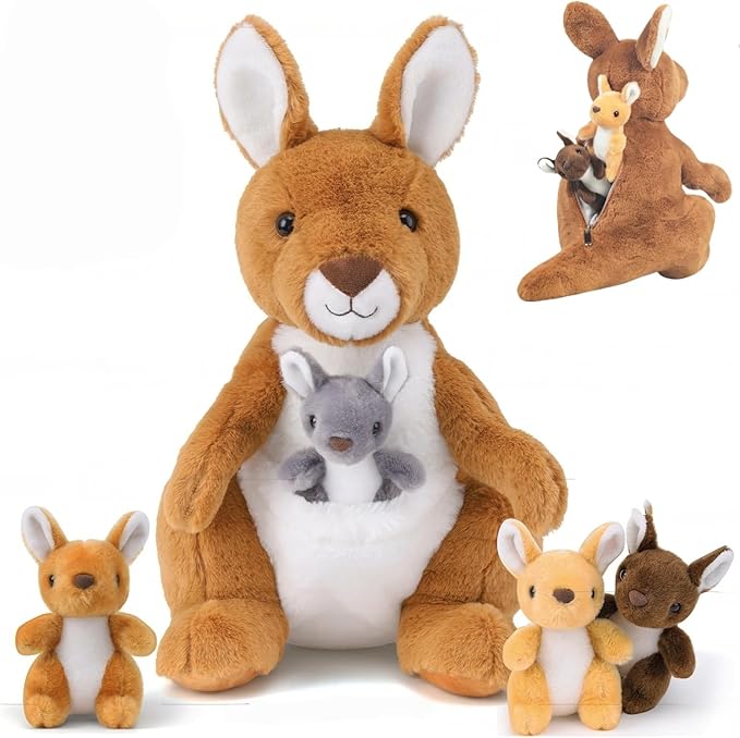 5 in 1 Kangaroo Stuffed Animal with Babies, 16'' Mommy Stuffed Kangaroo Plush Toy with 4 Baby Joey Plush and Pouch, Plush Kangaroos Set for Kids Boys Girls Birthday Christmas Plush Gifts Party Favors