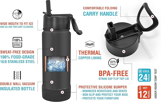 CHILLOUT LIFE 22 oz Kids Insulated Water Bottle for School with Straw Lid Leakproof and Cute Waterproof Stickers, Personalized Stainless Steel Thermos Flask Metal Water Bottle, Black