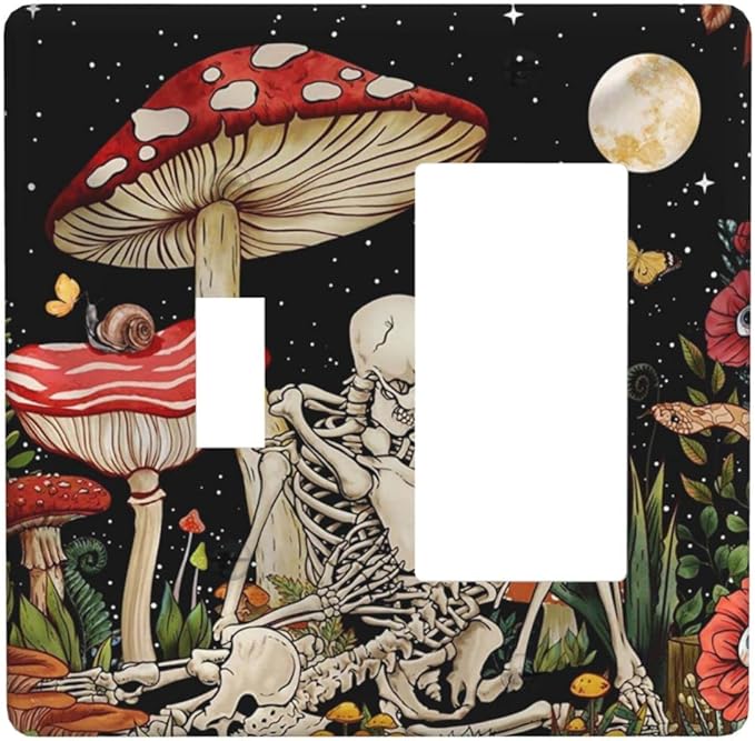 Mushroom Skull Skeleton Moon Combin Wall Plate Cover Decorative 2 Gang Toggle Rocker Light Switch Cover Star Plants Flora outlet cover for Bathroom Home Bedroom Art Panel Decor 4.5 X 4.5 In