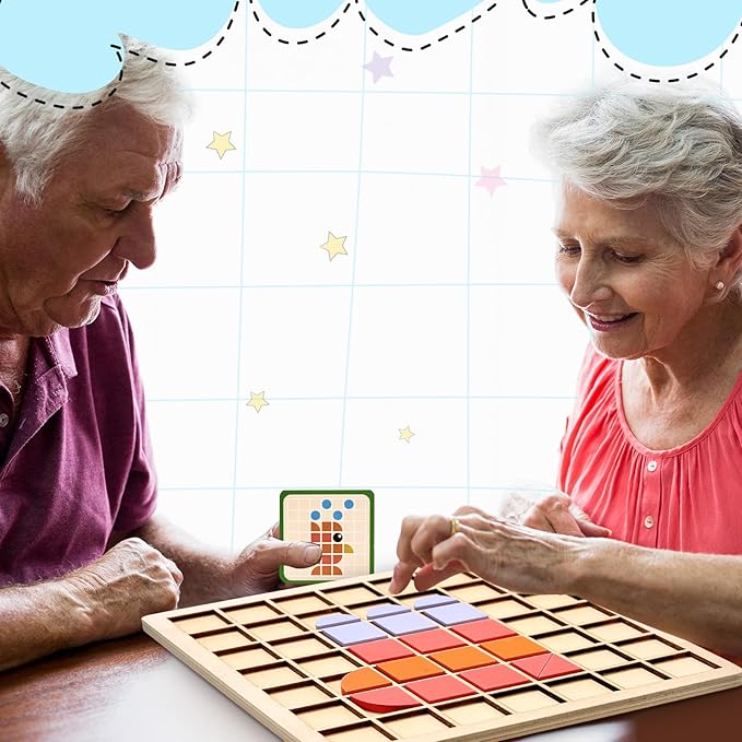Soulchen 130 Pcs Wooden Matching Puzzle Blocks, Dementia Activities for Seniors, Elderly, Alzheimers Patients, Cognitive Therapy Puzzle, Brain Occupational Gift, Senior Care Gift, Nursing Home