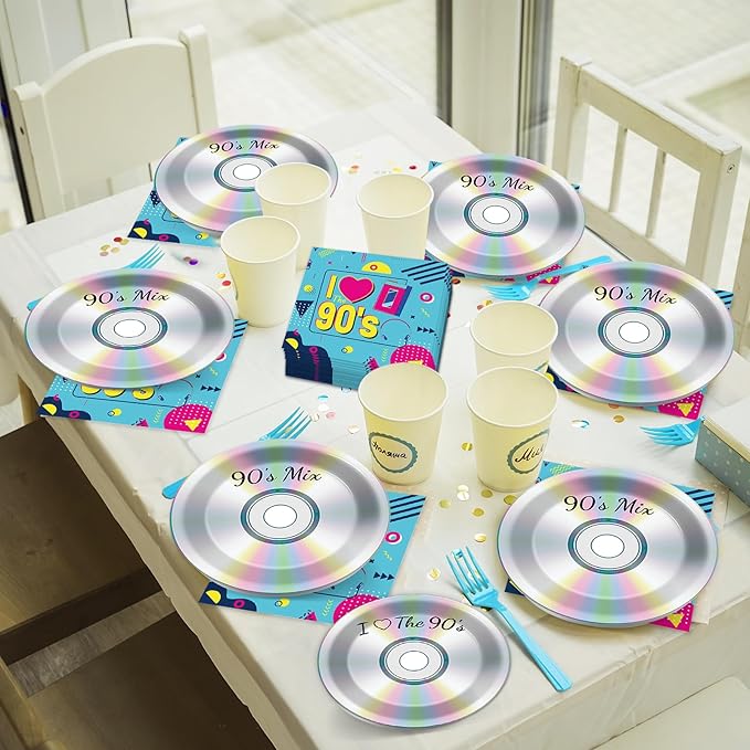96Pcs 90's Party Paper Plates and Napkins for Retro 90s Theme Birthday Party Supplies 90's Mix CD Themed Paper Dessert Plates I Love The 90s Tableware Set for Men Women 24 Guests Party Decorations