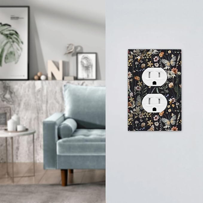 Vintage Flower Leaves 1 Gang Outlet Plate Duplex Decorative Dark Backgrounds Art Outlet Covers Butterfly Electrical Receptacle Lightswitch Faceplate Cute Bees Dimmer Decor for Bedroom Kitchen