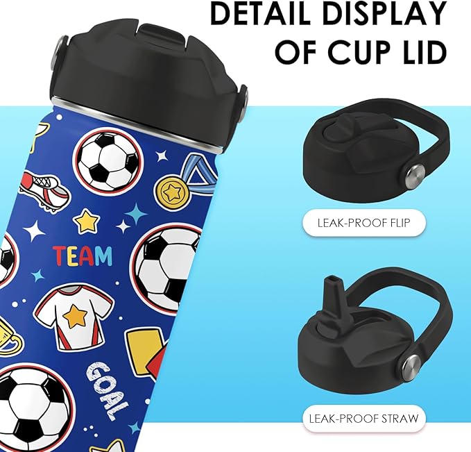 Soccer Gifts for Kids - 16 Oz Kids Water Bottle with Straw Lid, Stainless Steel Insulated Tumbler, Leak Proof, BPA-Free, for Girls, School, Travel - Soccer Lovers Children Birthday Gifts Cups(1pc)