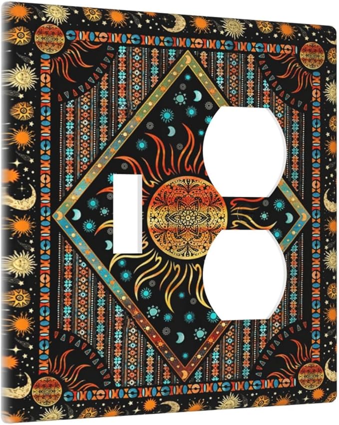 Decorative Outlet Covers Boho Burning Sun Moon Hippie Retro Bohemian Gypsy 2 Gang Wall Plate Double Duplex Light Switch Cover Switch Plate Covers Faceplate for Bedroom Decor