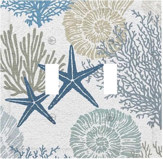 Nautical Anchor Teal Blue Beach Sea Ocean Starfish Coral Seashell Conch Underwater 2 Gang Electrical Double Toggle Outlet Light Switch Wall Plate Decorative Receptacle Face Switchplate Cover Mid Size